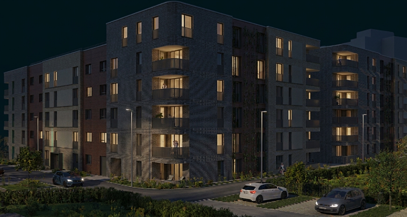 Mehrstöckiges Wohngebäude mit Balkonen und Autos vor dem Haus